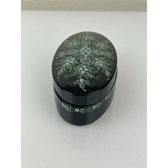 Vintage Green Teal Black Lacquer Oval Trinket Box Floral Pretty Home Decor Vanit - Picture 7 of 14